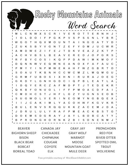 Rocky Mountain Animals Printable Word Search