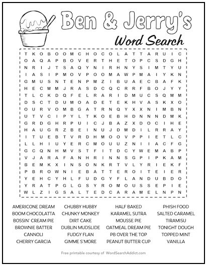 Ben & Jerry's Ice Cream Printable Word Search Puzzle
