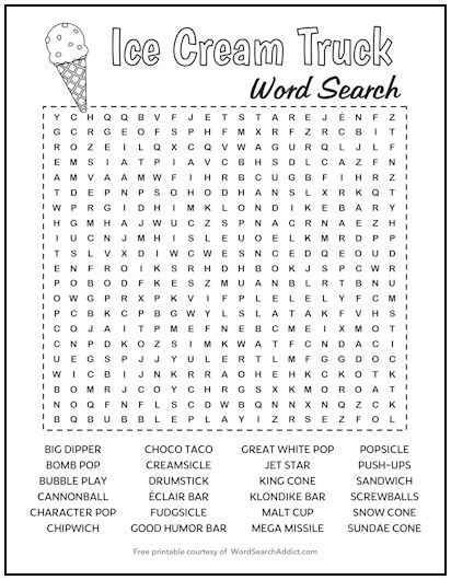 Ice Cream Truck Printable Word Search Puzzle