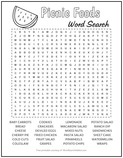 Picnic Foods Printable Word Search Puzzle Picnic Foods Printable Word Search Puzzle