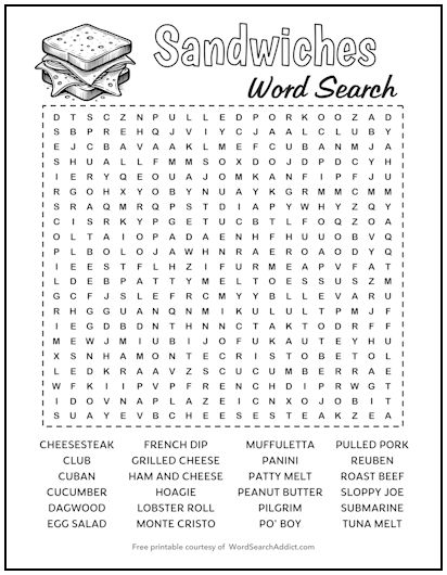 Sandwiches Printable Word Search Puzzle