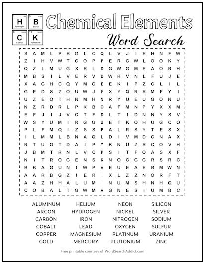 Chemical Elements Printable Word Search
