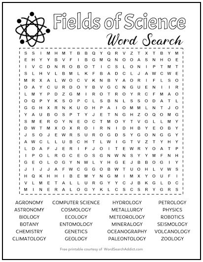 Fields of Science Printable Word Search Fields of Science Printable Word Search