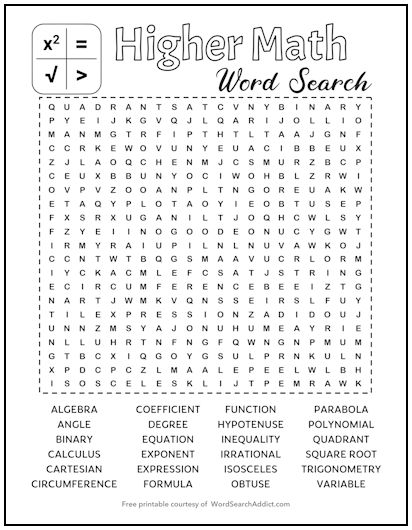 Higher Math Printable Word Search