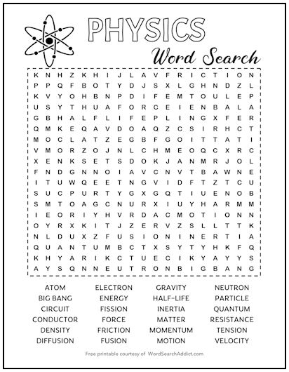 Physics Printable Word Search Physics Printable Word Search