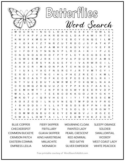 Butterflies Printable Word Search Puzzle