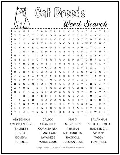 Cat Breeds Printable Word Search Puzzle