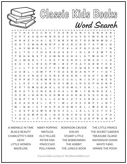 Classic Kids Books Printable Word Search