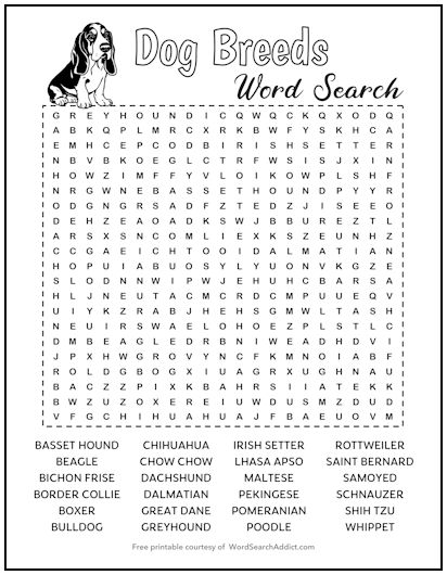 Dog Breeds Printable Word Search Puzzle