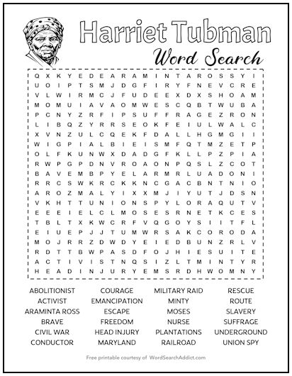 Harriet Tubman Printable Word Search Puzzle