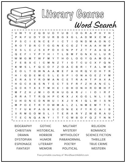 Literary Genres Printable Word Search