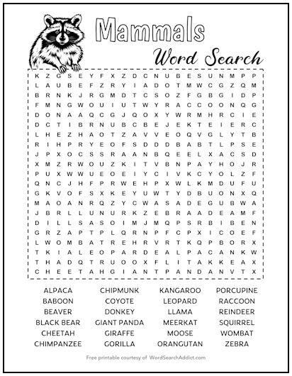 Mammals Printable Word Search Puzzle