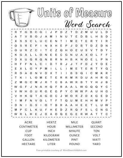 Units of Measure Printable Word Search
