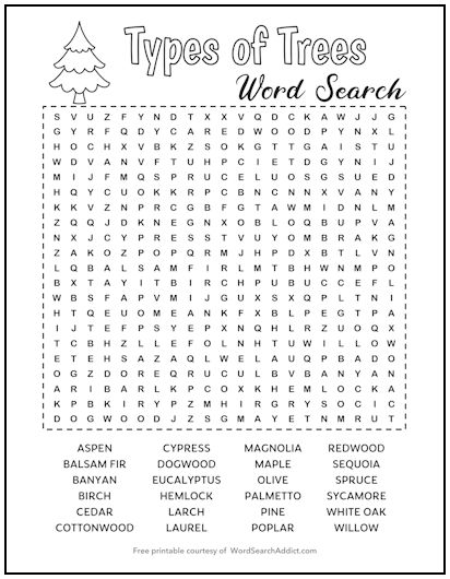 Types of Trees Printable Word Search