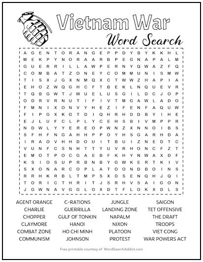 Vietnam War Printable Word Search Puzzle Vietnam War Printable Word Search Puzzle