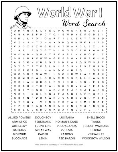World War I Printable Word Search Puzzle
