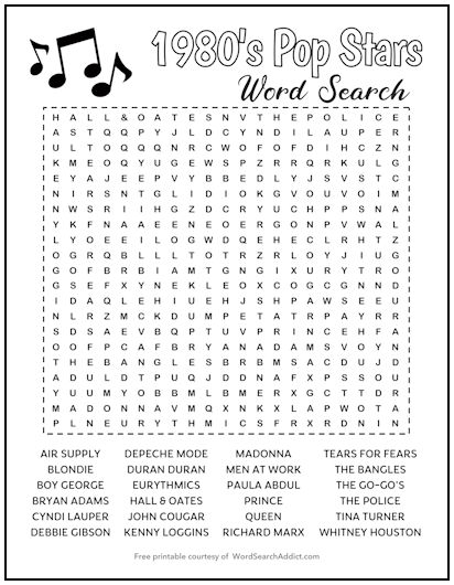 1980's Pop Stars Printable Word Search 1980's Pop Stars Printable Word Search