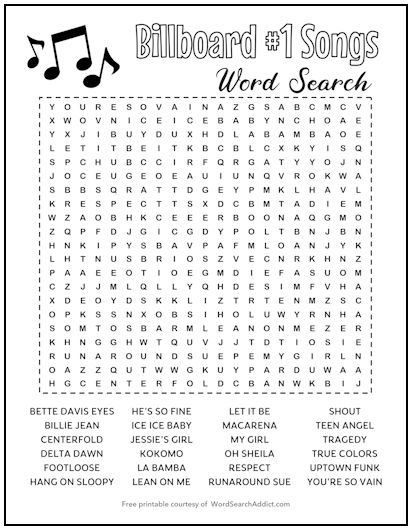 Billboard #1 Songs Printable Word Search Billboard #1 Songs Printable Word Search