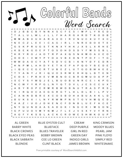 Colorful Bands Printable Word Search Colorful Bands Printable Word Search