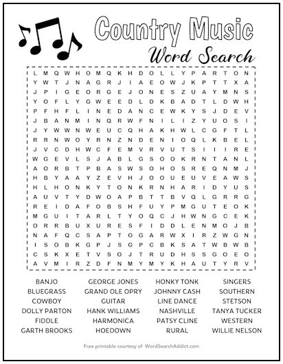 Country Music Printable Word Search Country Music Printable Word Search