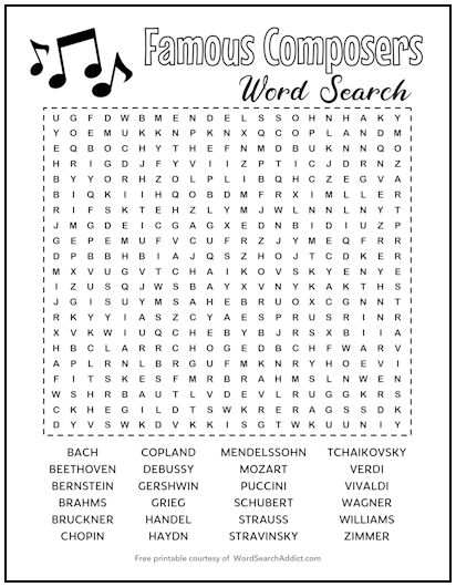 Famous Composers Printable Word Search Famous Composers Printable Word Search