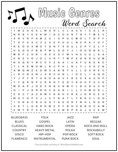Music Genres Printable Word Search