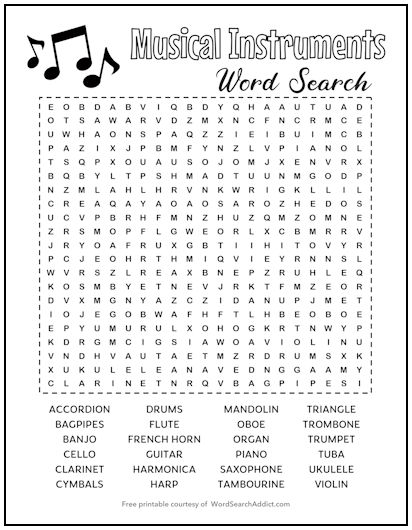 Musical Instruments Printable Word Search Musical Instruments Printable Word Search