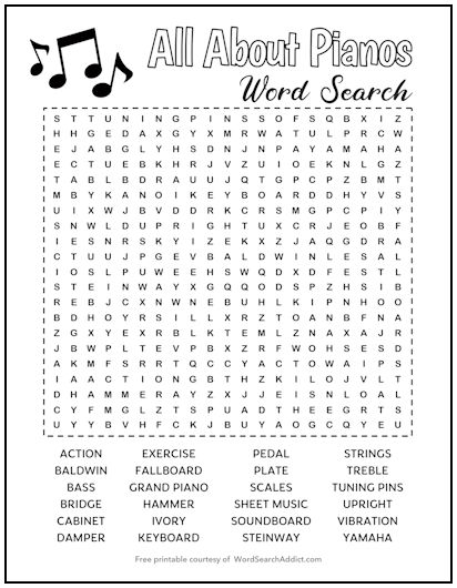 All About Pianos Printable Word Search