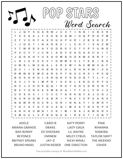 Pop Stars Printable Word Search