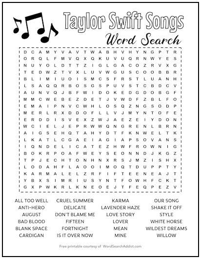 Taylor Swift Songs Printable Word Search Taylor Swift Songs Printable Word Search
