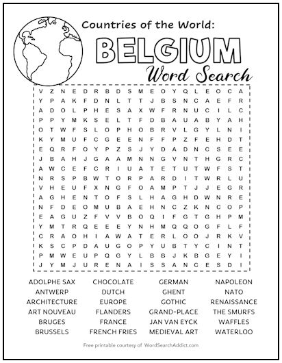 Belgium Printable Word Search Puzzle