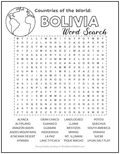 Bolivia Printable Word Search Puzzle Bolivia Printable Word Search Puzzle