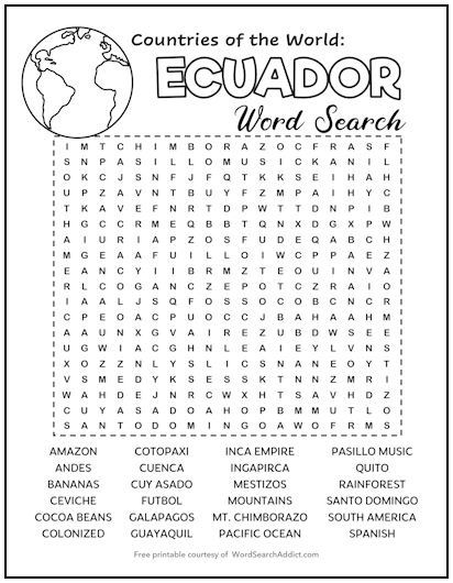Ecuador Printable Word Search Puzzle Ecuador Printable Word Search Puzzle