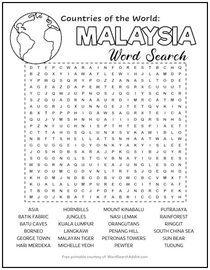 Malaysia Printable Word Search Puzzle