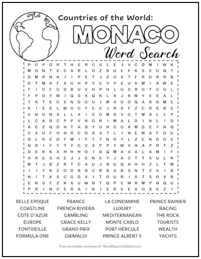 Monaco Printable Word Search Puzzle