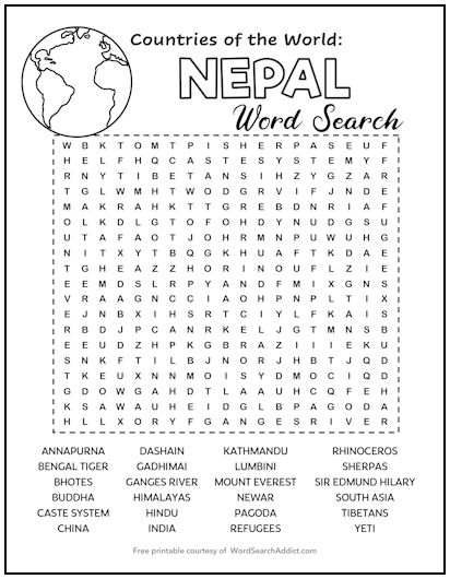Nepal Printable Word Search Puzzle