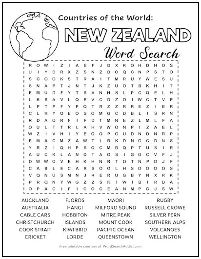 New Zealand Printable Word Search Puzzle