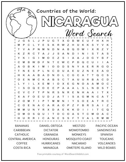 Nicaragua Printable Word Search Puzzle
