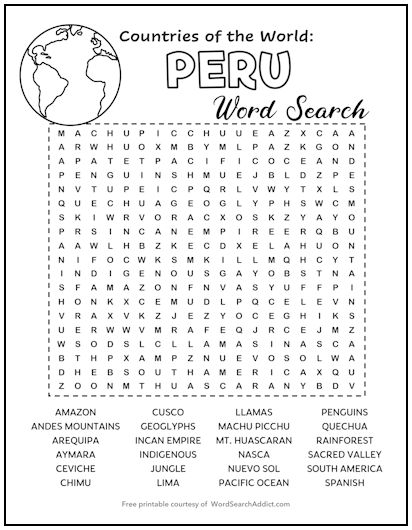 Peru Printable Word Search Puzzle