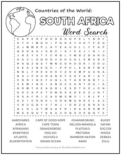 South Africa Printable Word Search Puzzle
