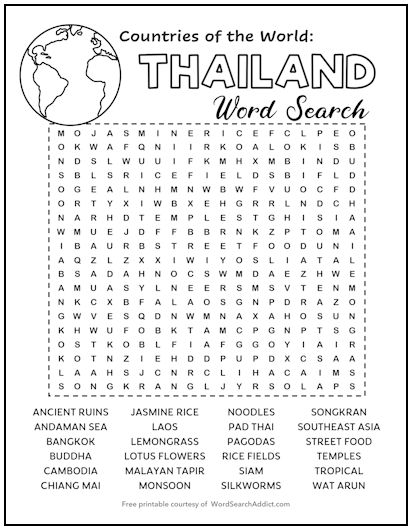 Thailand Printable Word Search Puzzle