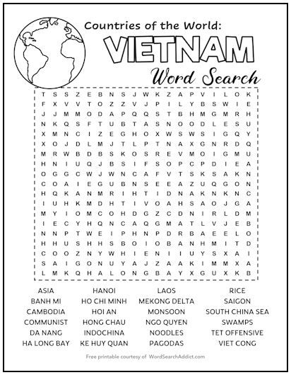 Vietnam Printable Word Search Puzzle