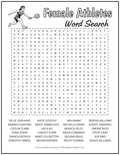 Female Athletes Printable Word Search 