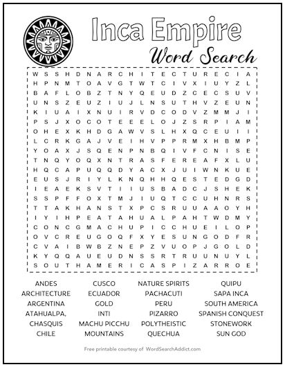 Inca Empire Printable Word Search