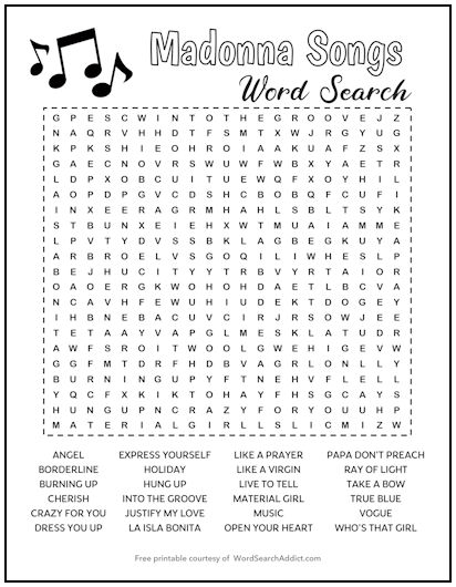 Madonna Songs Printable Word Search