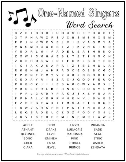 One-Named Singers Printable Word Search