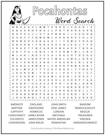 Pocahontas Printable Word Search