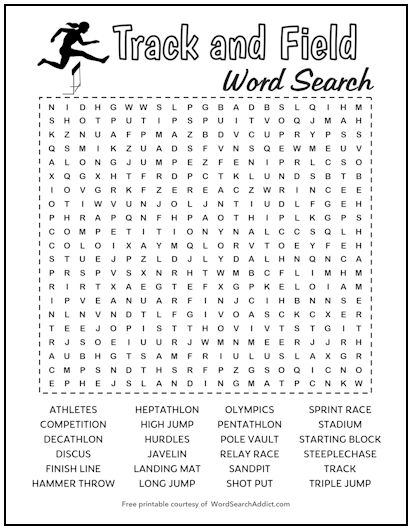 Track and Field Printable Word Search Track and Field Printable Word Search