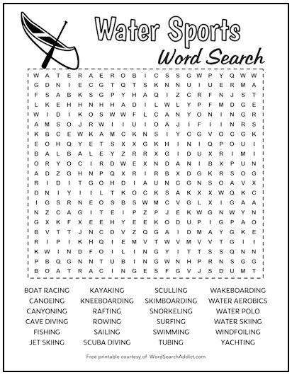 Water Sports Printable Word Search